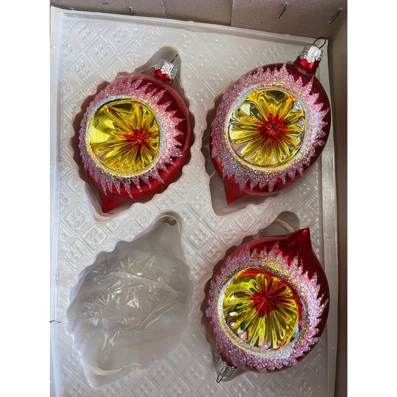 vintage 3 glass Christmas tree ornaments with deep indent reflectoror red gold - Picture 4 of 5